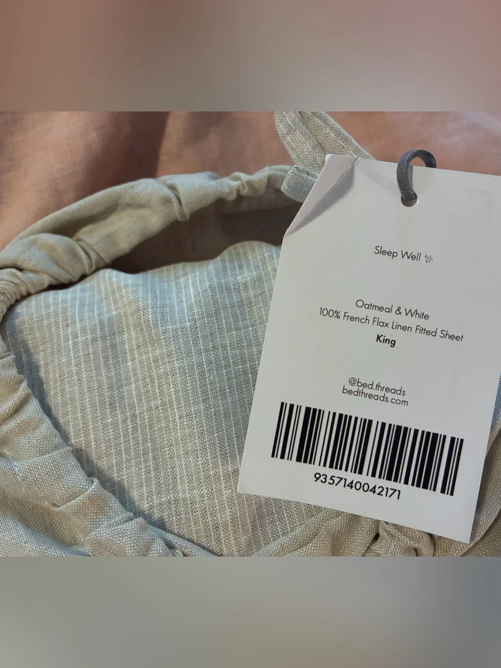 Bed Threads 100% Flax Linen Fitted Sheet - King - Oatmeal & White Stripes